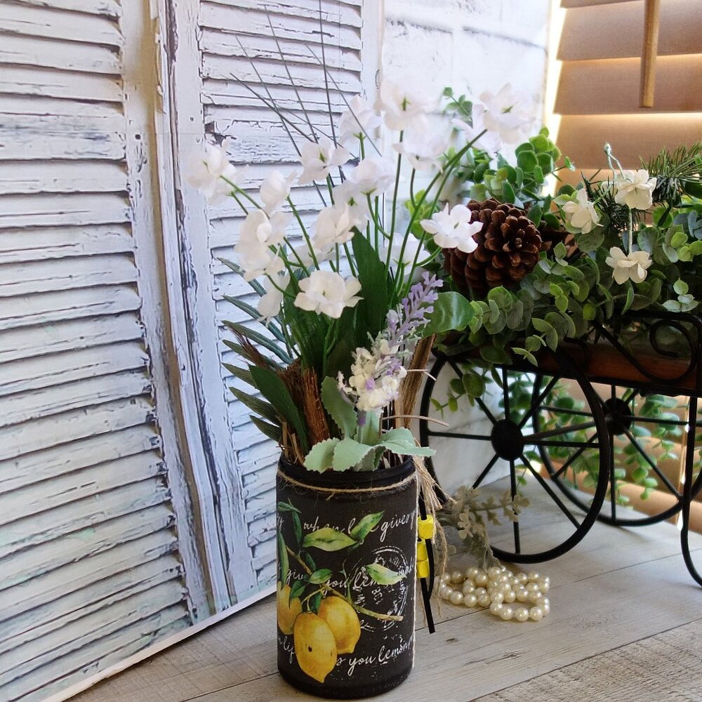 Farmhouse Lemon Decor Rustic Lemon Vase Floral Arrangement Lemon Kitchen Decor